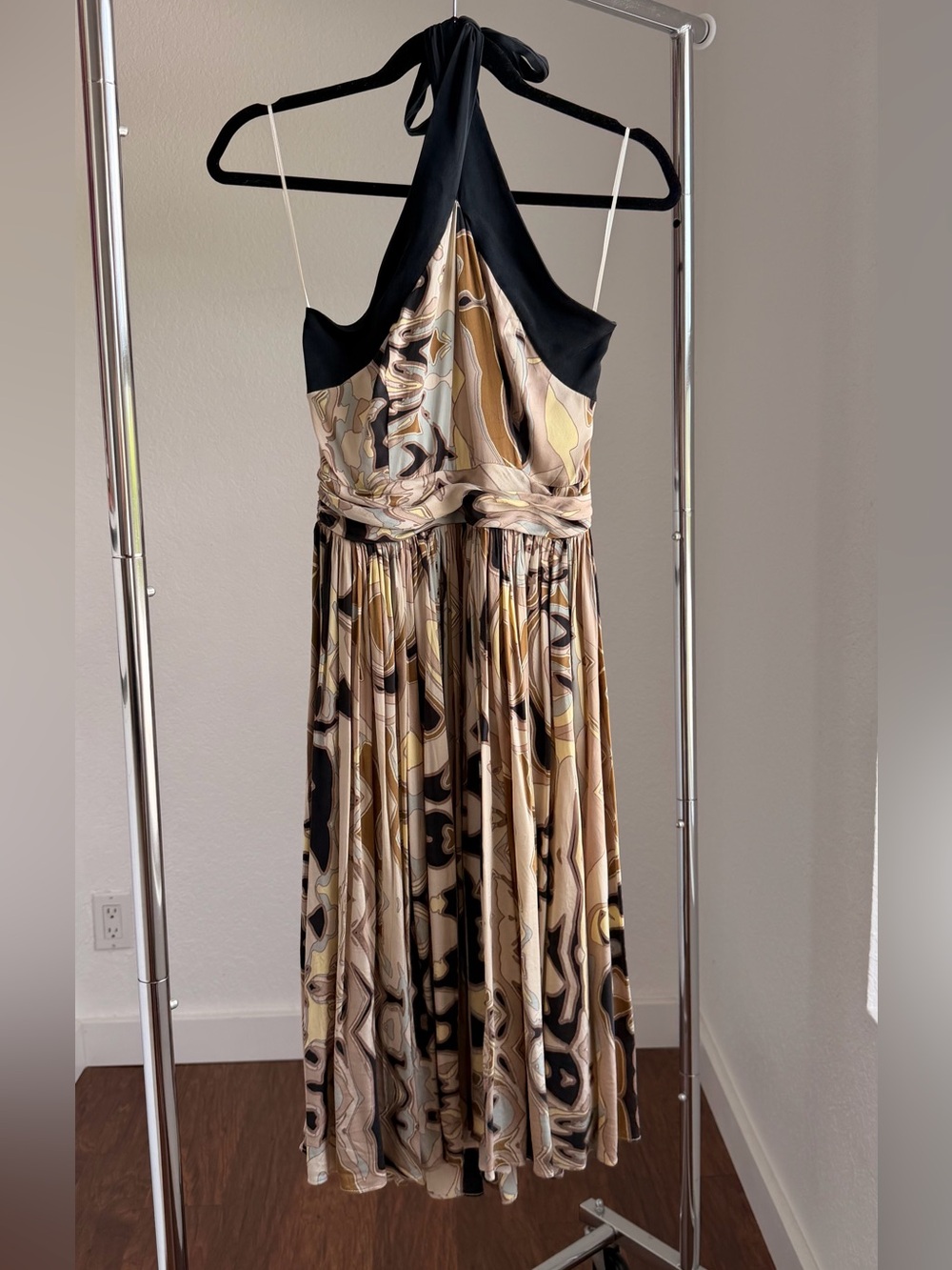 Silk Halter Midi Dress in Beige, Black and Cream - Twisted Waist Detail